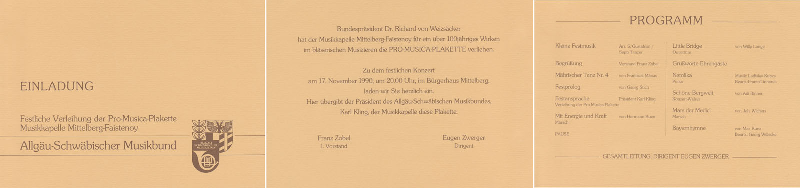 Aus der Chronik der Musikkapelle Mittelberg-Faistenoy - 1990 Verleihung der Pro-Musica-Plakette